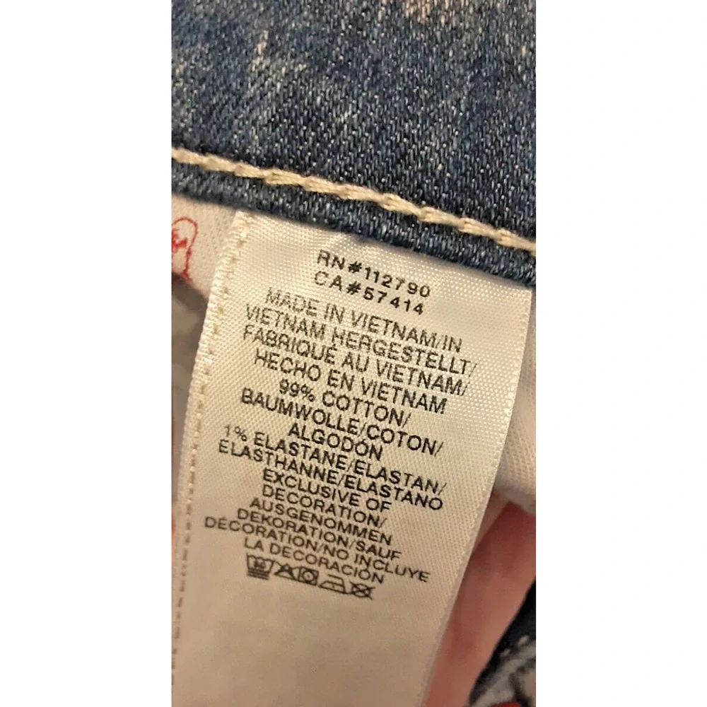 True Religion Geno Mens 31 Jeans Relaxed Slim Acid Wash‎ Blue w/Red Embroidered